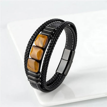 Men's tiger eye stone bracelet with 3 stones for a bold style