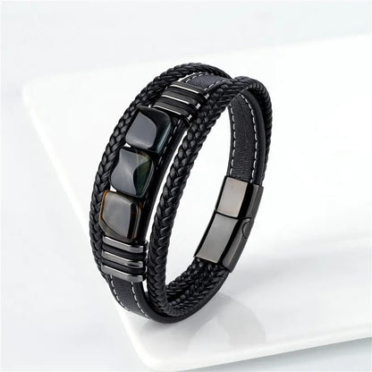 Men's tiger eye stone bracelet with 3 stones for a bold style
